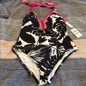 Trina Turk Black and White One Piece Swimsuit with Tropical Print